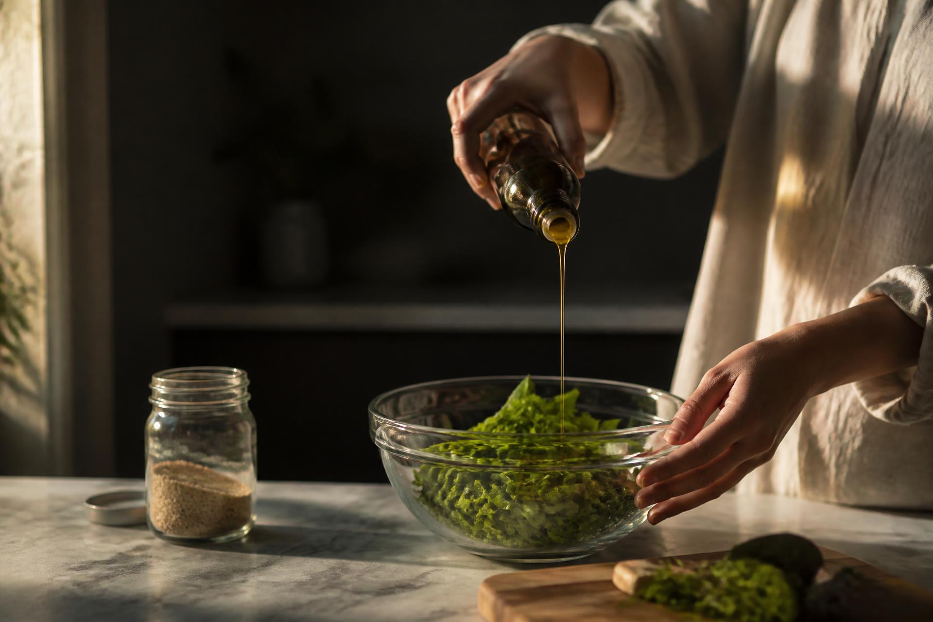 Hands pouring olive oil over fresh greens in warm morning light